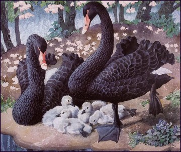 花 鳥 Painting - ブラックスワンの家族の鳥